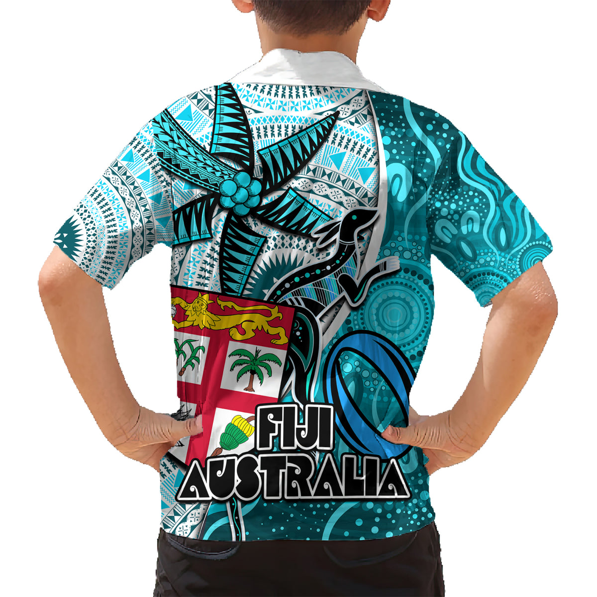 Fiji Australia Rugby Family Matching Short Sleeve Bodycon Dress and Hawaiian Shirt Kangaroo and Palm Tree Blue Tapa Pattern Mix Aboriginal LT03 - Polynesian Pride