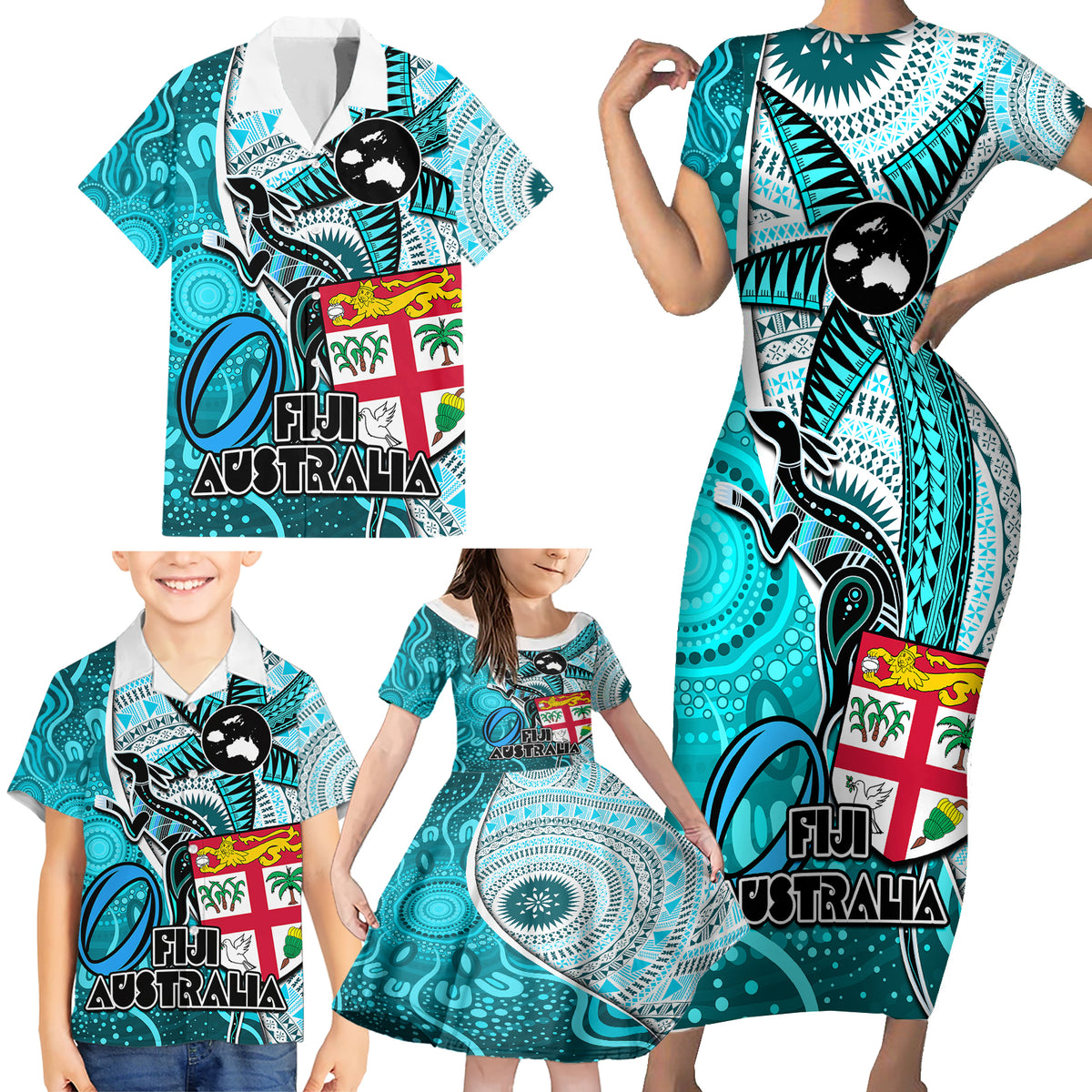 Fiji Australia Rugby Family Matching Short Sleeve Bodycon Dress and Hawaiian Shirt Kangaroo and Palm Tree Blue Tapa Pattern Mix Aboriginal LT03 - Polynesian Pride