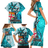 Fiji Australia Rugby Family Matching Short Sleeve Bodycon Dress and Hawaiian Shirt Kangaroo and Palm Tree Blue Tapa Pattern Mix Aboriginal LT03 - Polynesian Pride