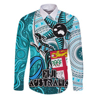 Fiji Australia Rugby Family Matching Short Sleeve Bodycon Dress and Hawaiian Shirt Kangaroo and Palm Tree Blue Tapa Pattern Mix Aboriginal LT03 Dad's Shirt - Long Sleeve Blue - Polynesian Pride