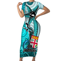 Fiji Australia Rugby Family Matching Short Sleeve Bodycon Dress and Hawaiian Shirt Kangaroo and Palm Tree Blue Tapa Pattern Mix Aboriginal LT03 Mom's Dress Blue - Polynesian Pride