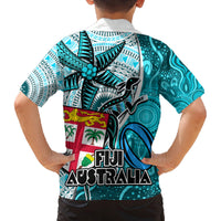 Fiji Australia Rugby Family Matching Summer Maxi Dress and Hawaiian Shirt Kangaroo and Palm Tree Blue Tapa Pattern Mix Aboriginal LT03 - Polynesian Pride