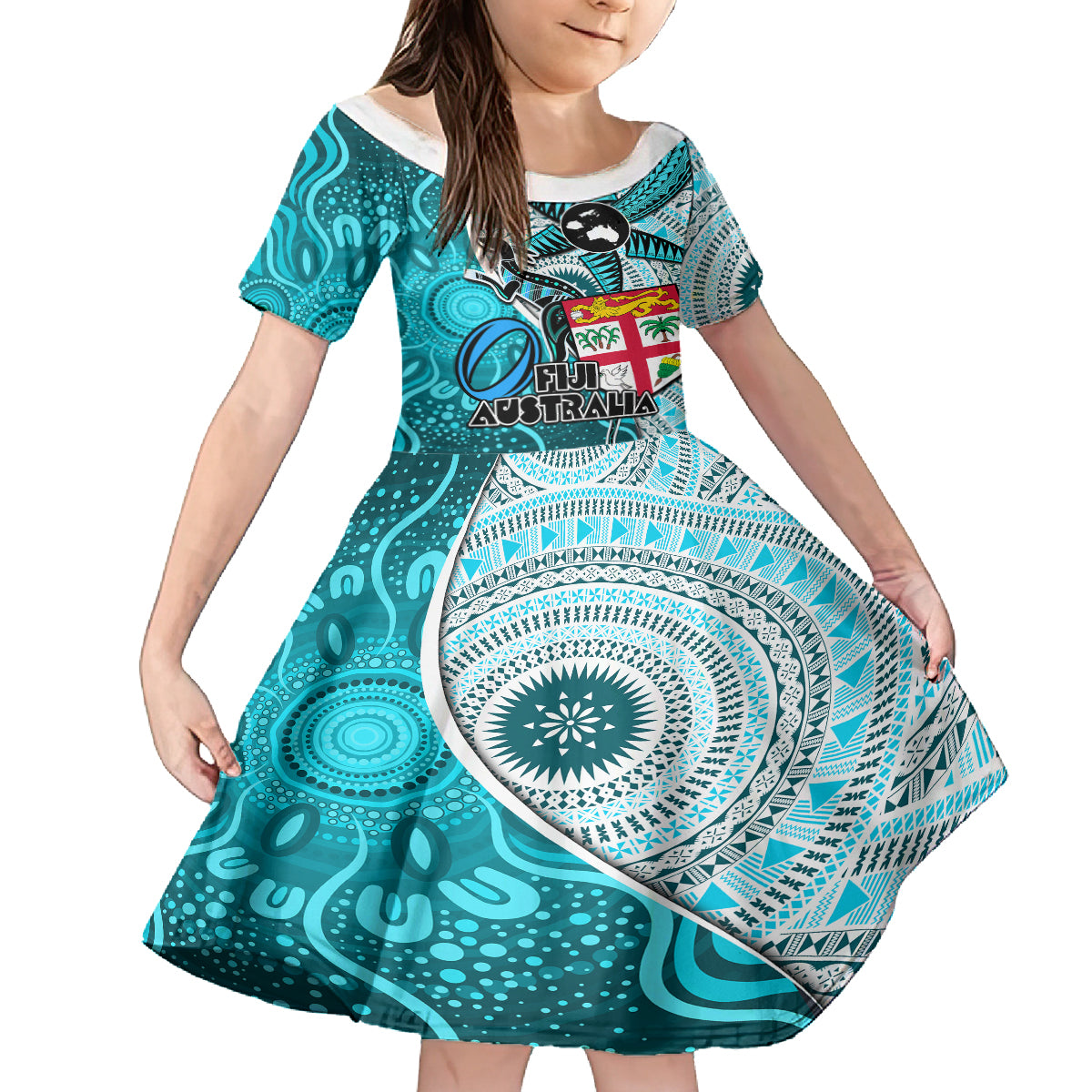 Fiji Australia Rugby Family Matching Summer Maxi Dress and Hawaiian Shirt Kangaroo and Palm Tree Blue Tapa Pattern Mix Aboriginal LT03 Daughter's Dress Blue - Polynesian Pride