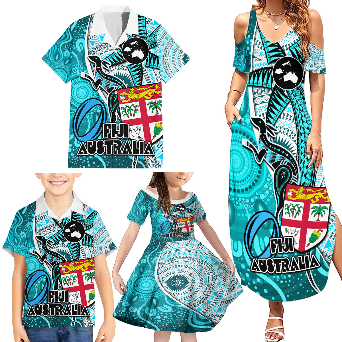 Fiji Australia Rugby Family Matching Summer Maxi Dress and Hawaiian Shirt Kangaroo and Palm Tree Blue Tapa Pattern Mix Aboriginal LT03 - Polynesian Pride