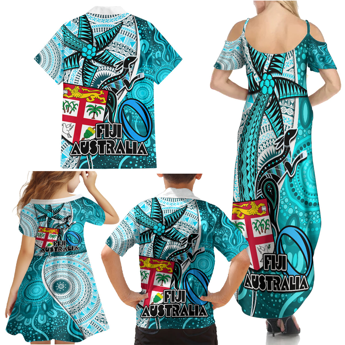 Fiji Australia Rugby Family Matching Summer Maxi Dress and Hawaiian Shirt Kangaroo and Palm Tree Blue Tapa Pattern Mix Aboriginal LT03 - Polynesian Pride