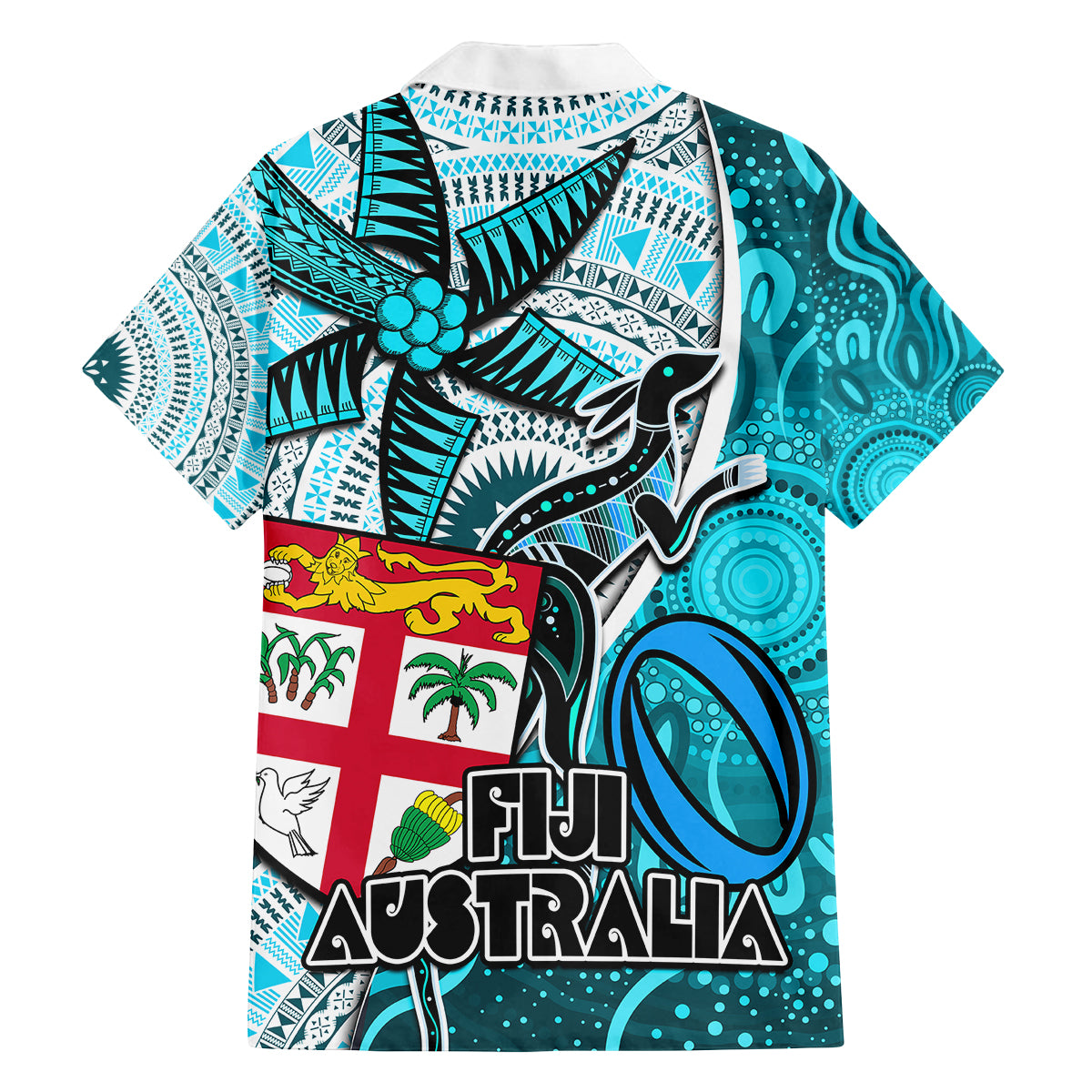 Fiji Australia Rugby Family Matching Summer Maxi Dress and Hawaiian Shirt Kangaroo and Palm Tree Blue Tapa Pattern Mix Aboriginal LT03 - Polynesian Pride