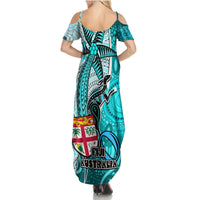 Fiji Australia Rugby Family Matching Summer Maxi Dress and Hawaiian Shirt Kangaroo and Palm Tree Blue Tapa Pattern Mix Aboriginal LT03 - Polynesian Pride