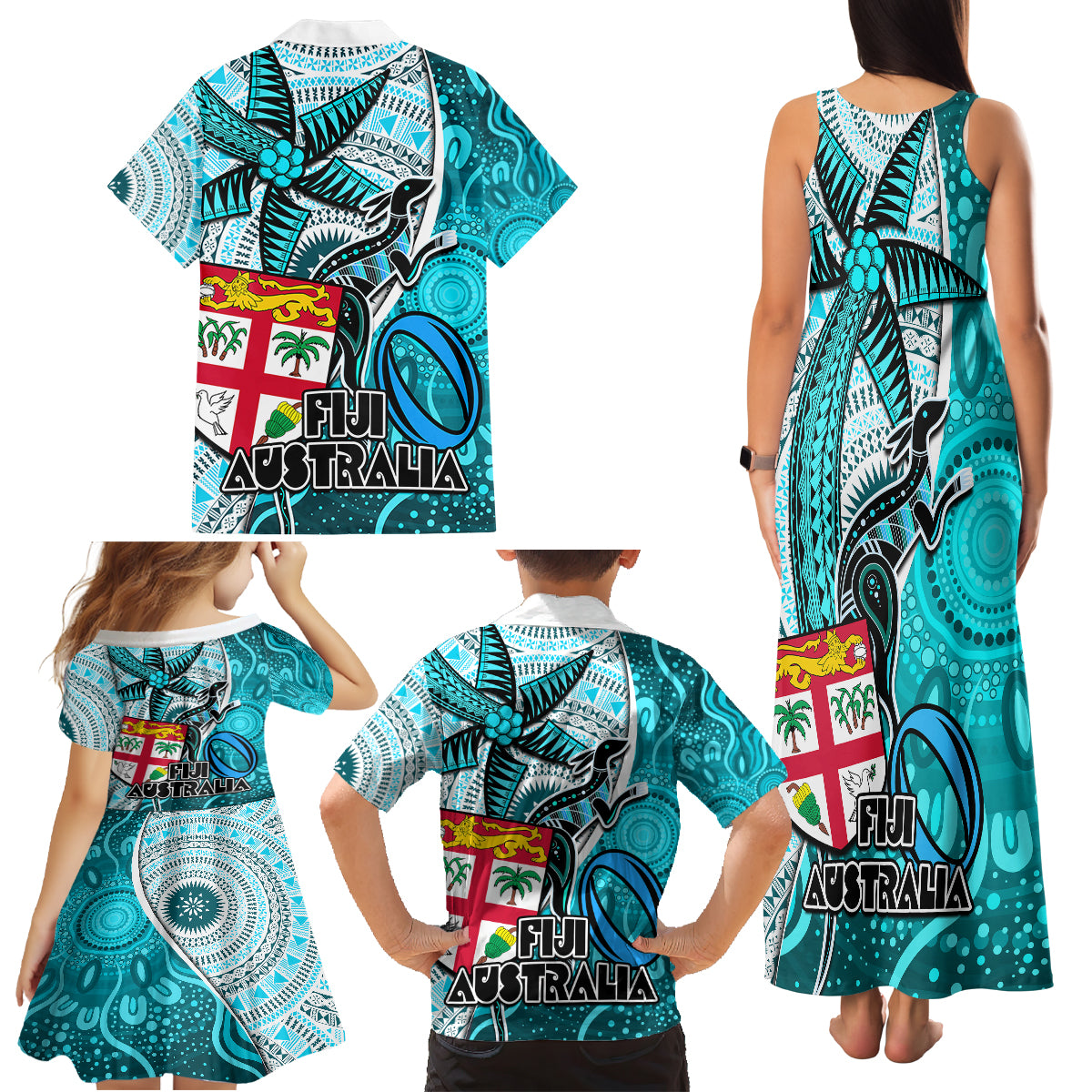 Fiji Australia Rugby Family Matching Tank Maxi Dress and Hawaiian Shirt Kangaroo and Palm Tree Blue Tapa Pattern Mix Aboriginal LT03 - Polynesian Pride