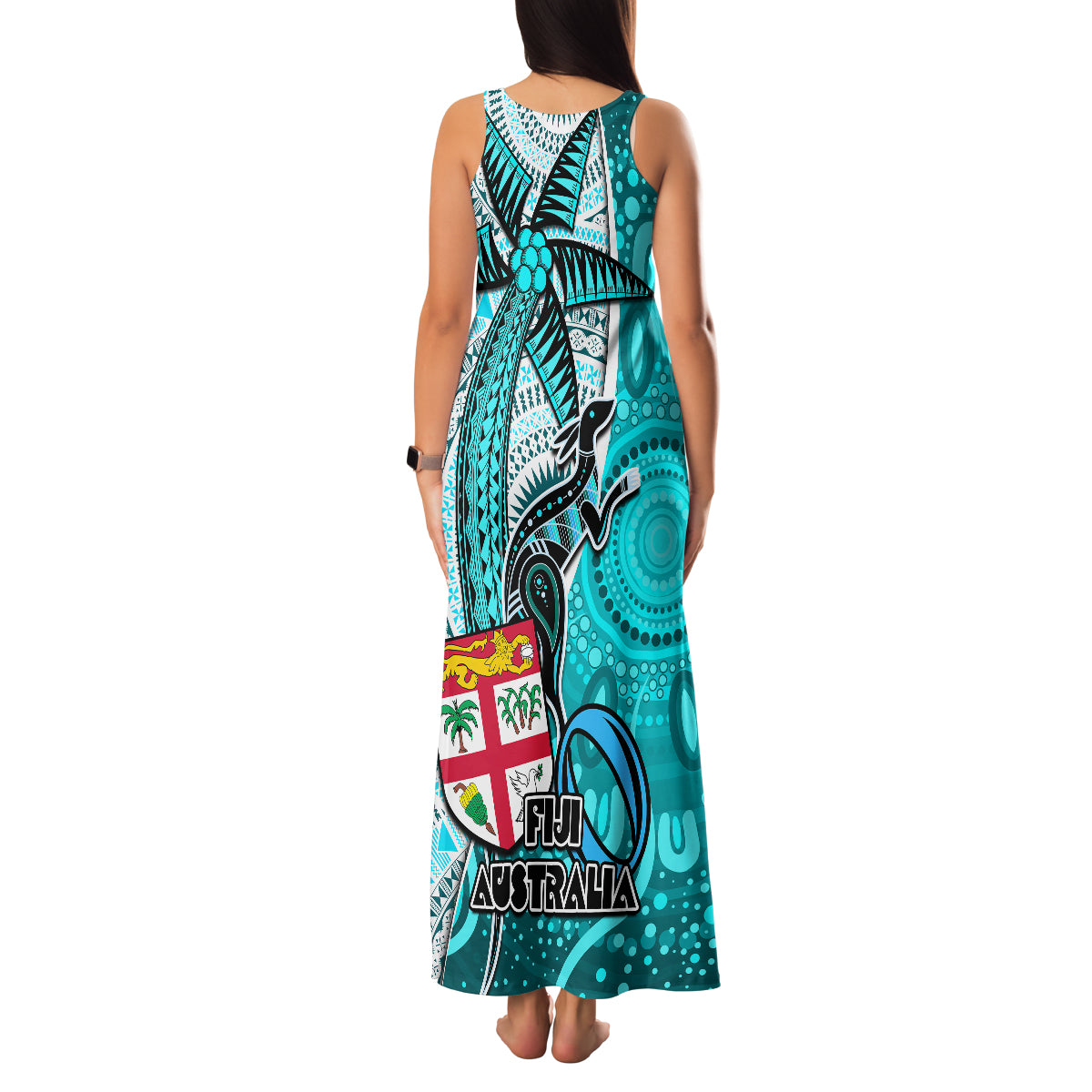 Fiji Australia Rugby Family Matching Tank Maxi Dress and Hawaiian Shirt Kangaroo and Palm Tree Blue Tapa Pattern Mix Aboriginal LT03 - Polynesian Pride