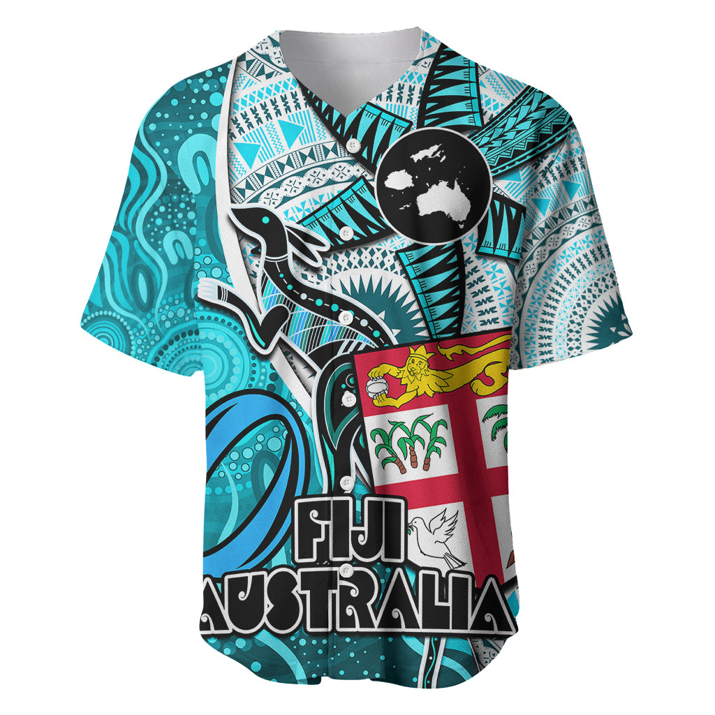 Personalised Fiji Australia Rugby Baseball Jersey Kangaroo and Palm Tree Blue Tapa Pattern Mix Aboriginal LT03 Blue - Polynesian Pride