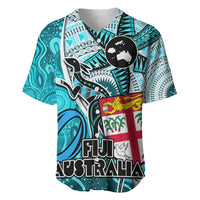 Personalised Fiji Australia Rugby Baseball Jersey Kangaroo and Palm Tree Blue Tapa Pattern Mix Aboriginal LT03 Blue - Polynesian Pride