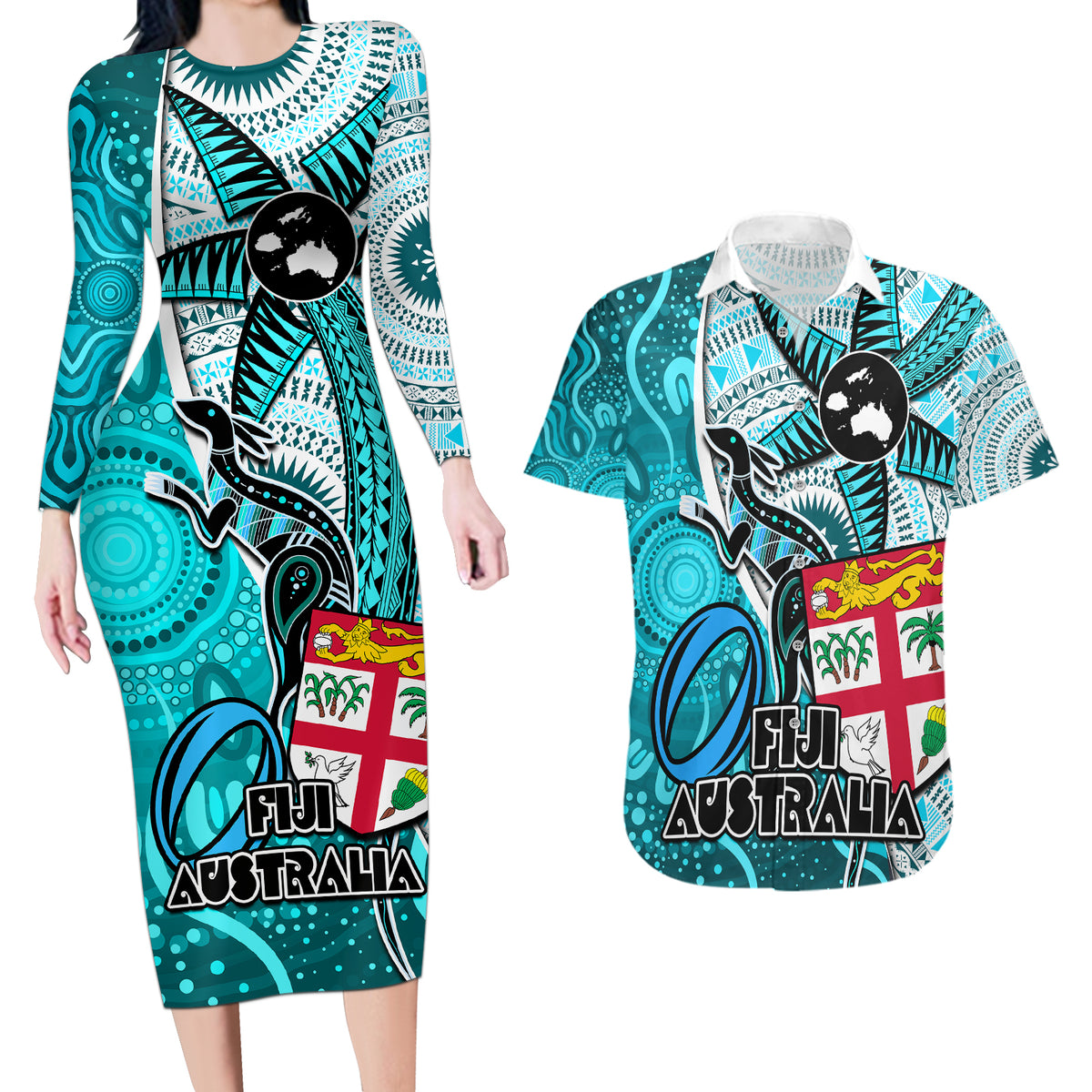 Personalised Fiji Australia Rugby Couples Matching Long Sleeve Bodycon Dress and Hawaiian Shirt Kangaroo and Palm Tree Blue Tapa Pattern Mix Aboriginal LT03 Blue - Polynesian Pride