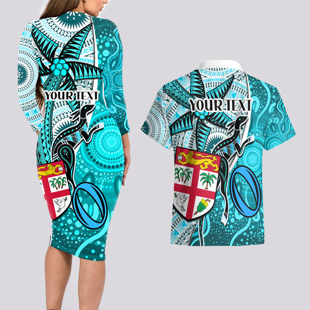 Personalised Fiji Australia Rugby Couples Matching Long Sleeve Bodycon Dress and Hawaiian Shirt Kangaroo and Palm Tree Blue Tapa Pattern Mix Aboriginal LT03 - Polynesian Pride