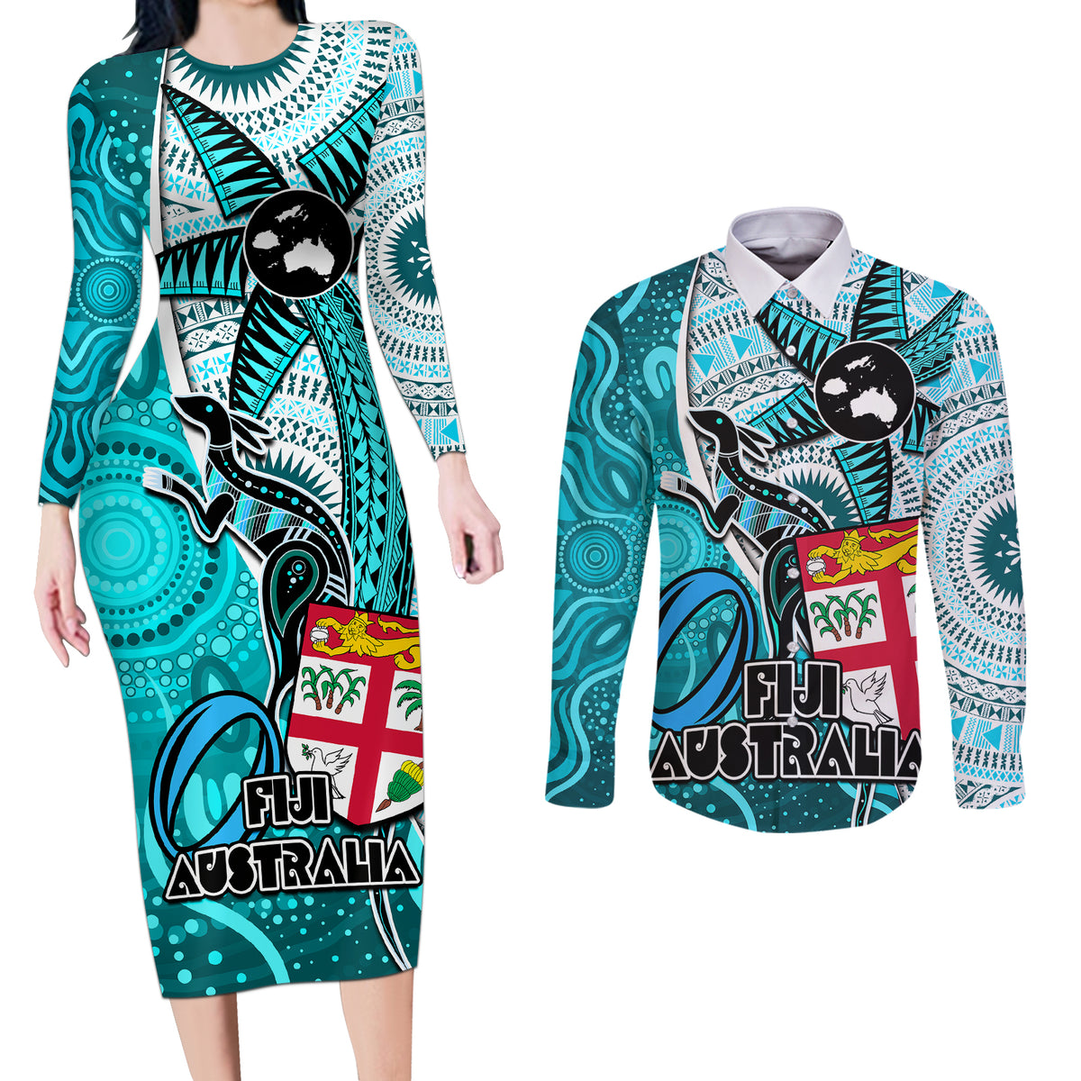 Personalised Fiji Australia Rugby Couples Matching Long Sleeve Bodycon Dress and Long Sleeve Button Shirts Kangaroo and Palm Tree Blue Tapa Pattern Mix Aboriginal LT03 Blue - Polynesian Pride