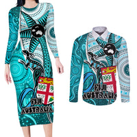 Personalised Fiji Australia Rugby Couples Matching Long Sleeve Bodycon Dress and Long Sleeve Button Shirts Kangaroo and Palm Tree Blue Tapa Pattern Mix Aboriginal LT03 Blue - Polynesian Pride