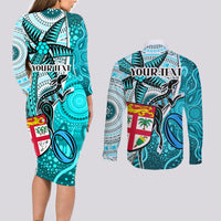 Personalised Fiji Australia Rugby Couples Matching Long Sleeve Bodycon Dress and Long Sleeve Button Shirts Kangaroo and Palm Tree Blue Tapa Pattern Mix Aboriginal LT03 - Polynesian Pride