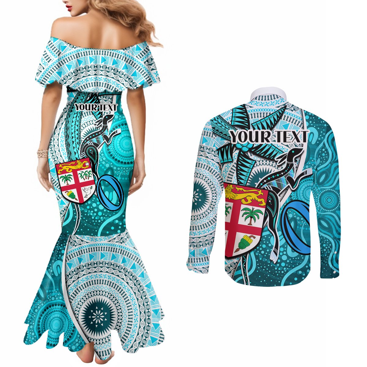 Personalised Fiji Australia Rugby Couples Matching Mermaid Dress and Long Sleeve Button Shirts Kangaroo and Palm Tree Blue Tapa Pattern Mix Aboriginal LT03 - Polynesian Pride