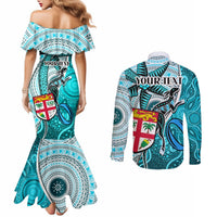 Personalised Fiji Australia Rugby Couples Matching Mermaid Dress and Long Sleeve Button Shirts Kangaroo and Palm Tree Blue Tapa Pattern Mix Aboriginal LT03 - Polynesian Pride