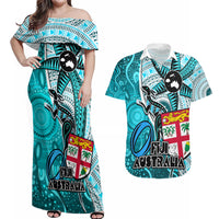 Personalised Fiji Australia Rugby Couples Matching Off Shoulder Maxi Dress and Hawaiian Shirt Kangaroo and Palm Tree Blue Tapa Pattern Mix Aboriginal LT03 Blue - Polynesian Pride