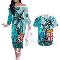Personalised Fiji Australia Rugby Couples Matching Off The Shoulder Long Sleeve Dress and Hawaiian Shirt Kangaroo and Palm Tree Blue Tapa Pattern Mix Aboriginal LT03 Blue - Polynesian Pride