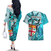 Personalised Fiji Australia Rugby Couples Matching Off The Shoulder Long Sleeve Dress and Hawaiian Shirt Kangaroo and Palm Tree Blue Tapa Pattern Mix Aboriginal LT03 - Polynesian Pride