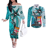 Personalised Fiji Australia Rugby Couples Matching Off The Shoulder Long Sleeve Dress and Long Sleeve Button Shirts Kangaroo and Palm Tree Blue Tapa Pattern Mix Aboriginal LT03 Blue - Polynesian Pride