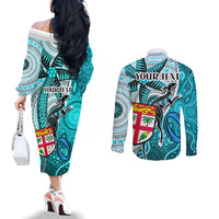 Personalised Fiji Australia Rugby Couples Matching Off The Shoulder Long Sleeve Dress and Long Sleeve Button Shirts Kangaroo and Palm Tree Blue Tapa Pattern Mix Aboriginal LT03 - Polynesian Pride