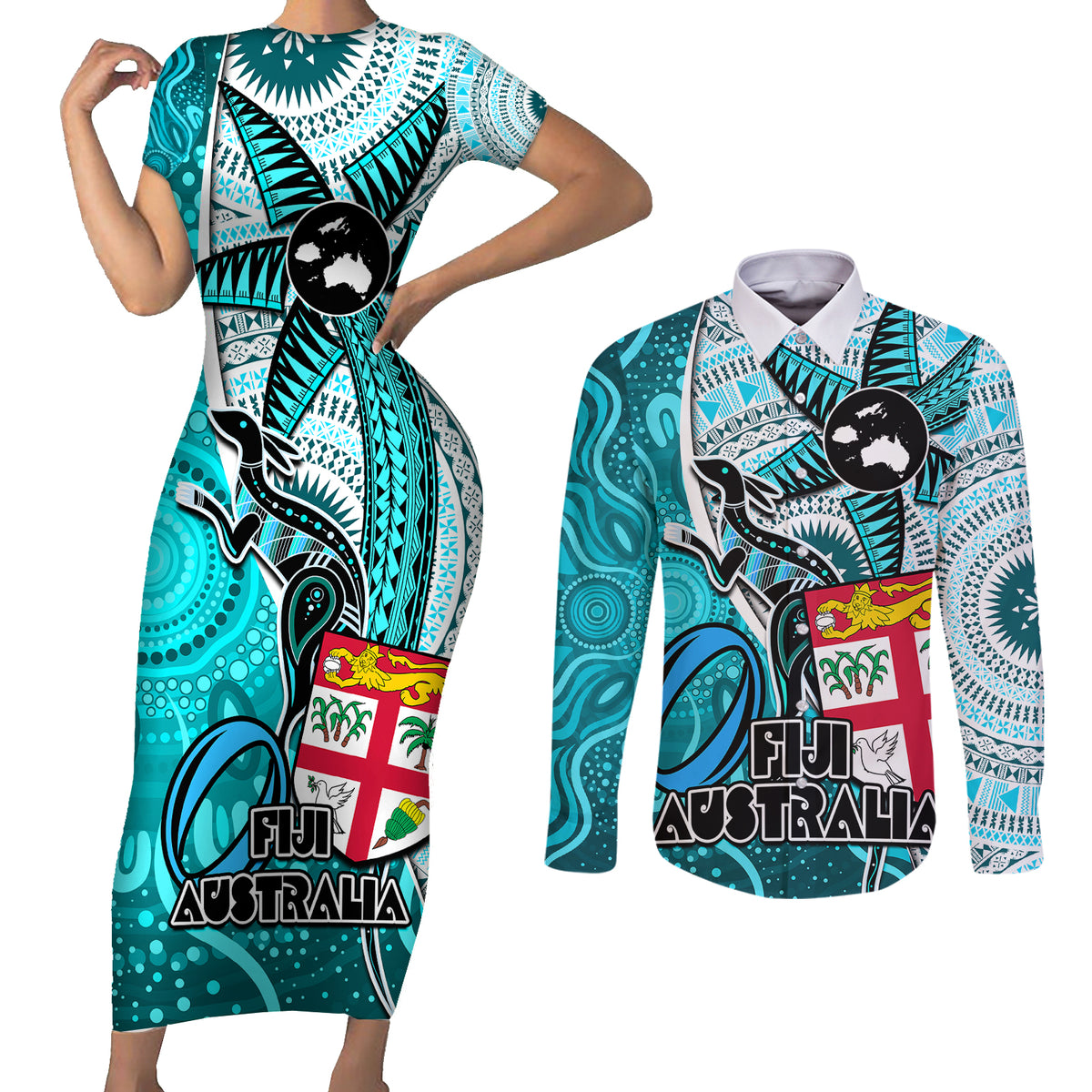 Personalised Fiji Australia Rugby Couples Matching Short Sleeve Bodycon Dress and Long Sleeve Button Shirts Kangaroo and Palm Tree Blue Tapa Pattern Mix Aboriginal LT03 Blue - Polynesian Pride