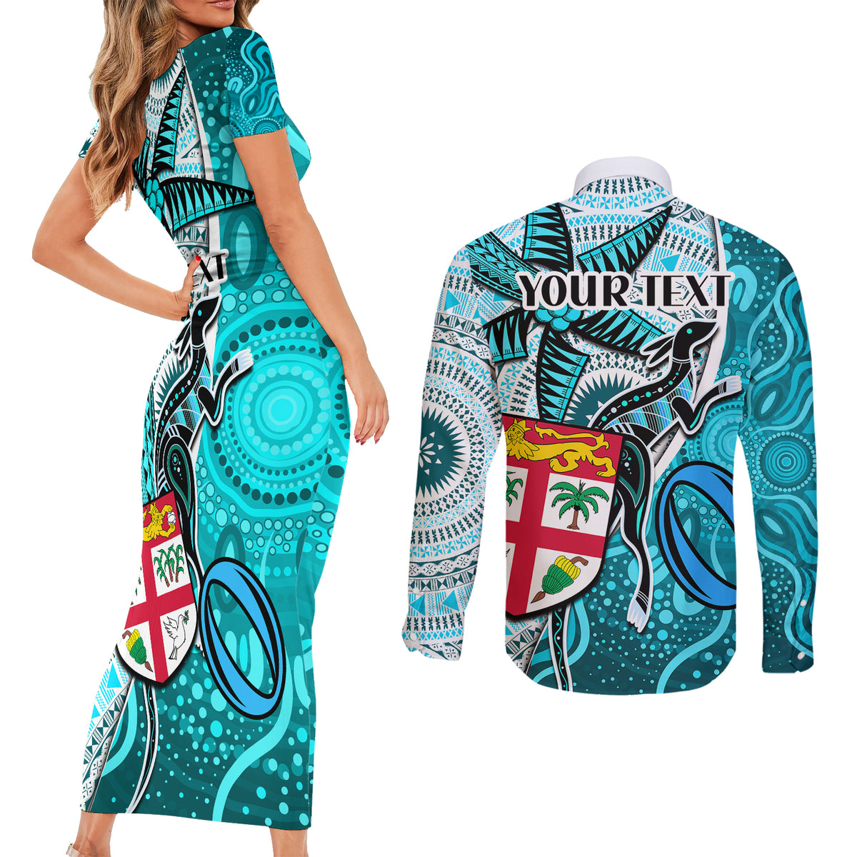 Personalised Fiji Australia Rugby Couples Matching Short Sleeve Bodycon Dress and Long Sleeve Button Shirts Kangaroo and Palm Tree Blue Tapa Pattern Mix Aboriginal LT03 - Polynesian Pride