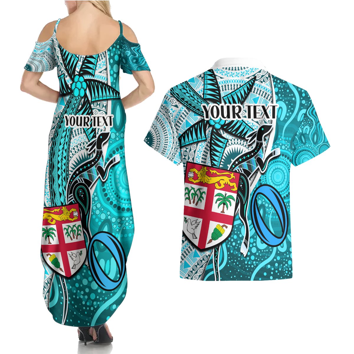 Personalised Fiji Australia Rugby Couples Matching Summer Maxi Dress and Hawaiian Shirt Kangaroo and Palm Tree Blue Tapa Pattern Mix Aboriginal LT03 - Polynesian Pride