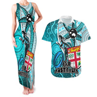 Personalised Fiji Australia Rugby Couples Matching Tank Maxi Dress and Hawaiian Shirt Kangaroo and Palm Tree Blue Tapa Pattern Mix Aboriginal LT03 Blue - Polynesian Pride