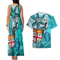 Personalised Fiji Australia Rugby Couples Matching Tank Maxi Dress and Hawaiian Shirt Kangaroo and Palm Tree Blue Tapa Pattern Mix Aboriginal LT03 - Polynesian Pride