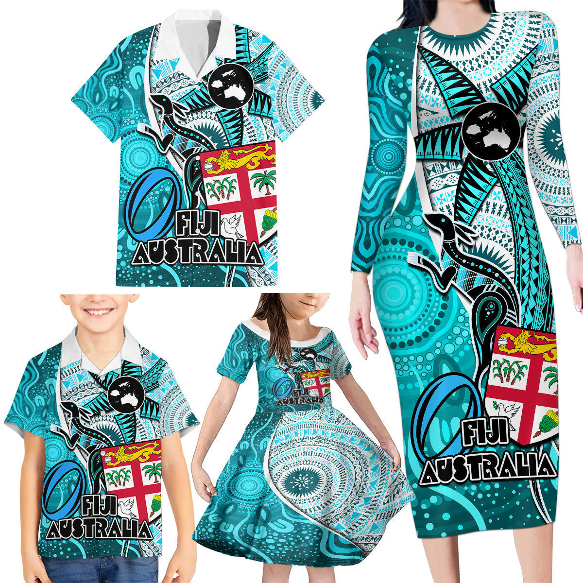 Personalised Fiji Australia Rugby Family Matching Long Sleeve Bodycon Dress and Hawaiian Shirt Kangaroo and Palm Tree Blue Tapa Pattern Mix Aboriginal LT03 - Polynesian Pride