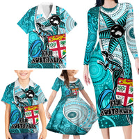 Personalised Fiji Australia Rugby Family Matching Long Sleeve Bodycon Dress and Hawaiian Shirt Kangaroo and Palm Tree Blue Tapa Pattern Mix Aboriginal LT03 - Polynesian Pride