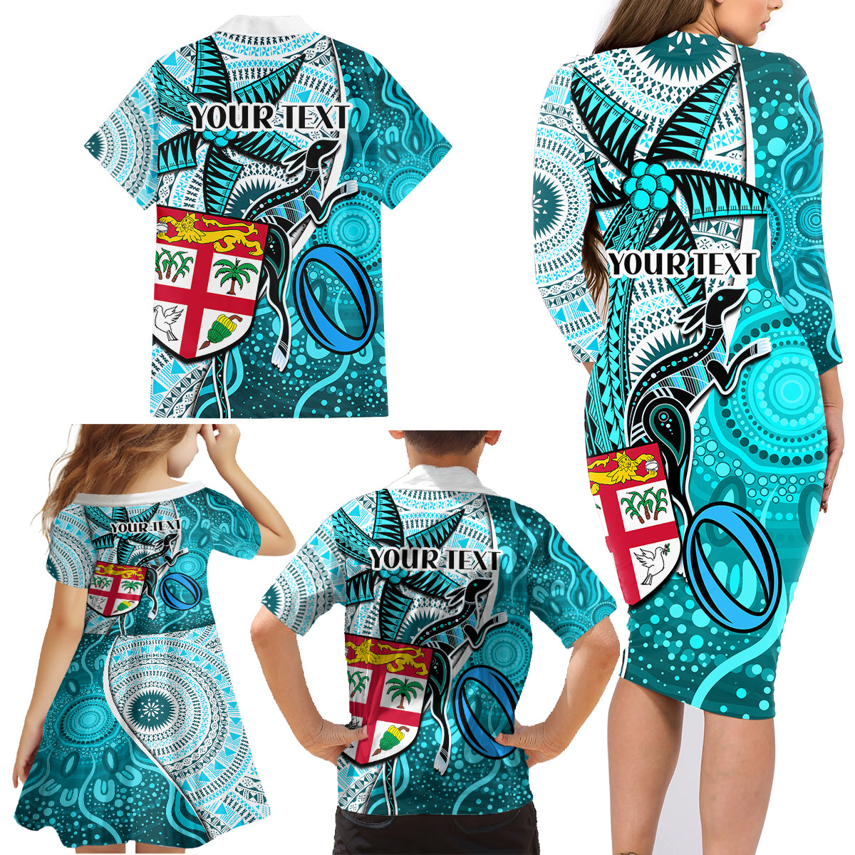 Personalised Fiji Australia Rugby Family Matching Long Sleeve Bodycon Dress and Hawaiian Shirt Kangaroo and Palm Tree Blue Tapa Pattern Mix Aboriginal LT03 - Polynesian Pride