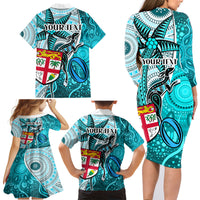 Personalised Fiji Australia Rugby Family Matching Long Sleeve Bodycon Dress and Hawaiian Shirt Kangaroo and Palm Tree Blue Tapa Pattern Mix Aboriginal LT03 - Polynesian Pride