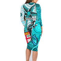 Personalised Fiji Australia Rugby Family Matching Long Sleeve Bodycon Dress and Hawaiian Shirt Kangaroo and Palm Tree Blue Tapa Pattern Mix Aboriginal LT03 - Polynesian Pride