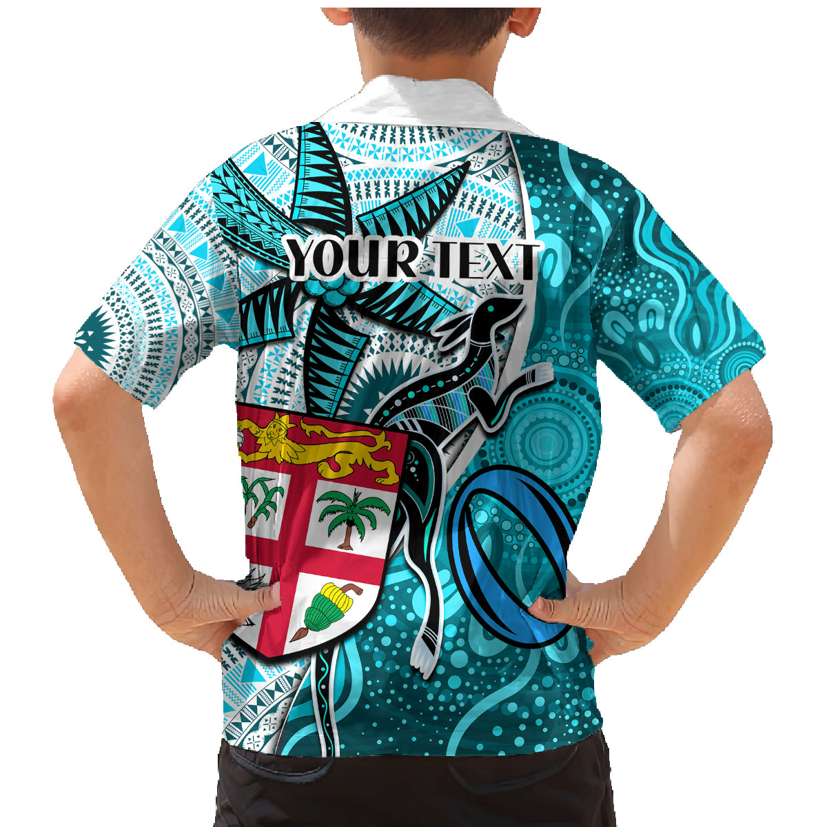Personalised Fiji Australia Rugby Family Matching Mermaid Dress and Hawaiian Shirt Kangaroo and Palm Tree Blue Tapa Pattern Mix Aboriginal LT03 - Polynesian Pride