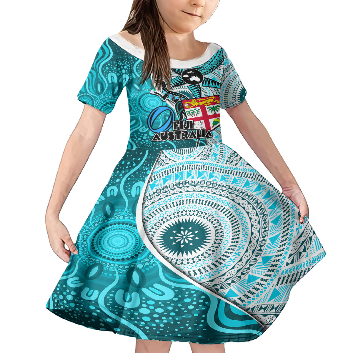 Personalised Fiji Australia Rugby Family Matching Mermaid Dress and Hawaiian Shirt Kangaroo and Palm Tree Blue Tapa Pattern Mix Aboriginal LT03 Daughter's Dress Blue - Polynesian Pride