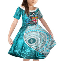 Personalised Fiji Australia Rugby Family Matching Mermaid Dress and Hawaiian Shirt Kangaroo and Palm Tree Blue Tapa Pattern Mix Aboriginal LT03 Daughter's Dress Blue - Polynesian Pride