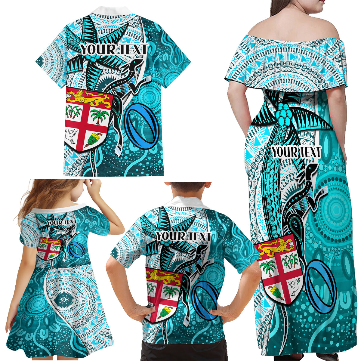 Personalised Fiji Australia Rugby Family Matching Off Shoulder Long Sleeve Dress and Hawaiian Shirt Kangaroo and Palm Tree Blue Tapa Pattern Mix Aboriginal LT03 - Polynesian Pride