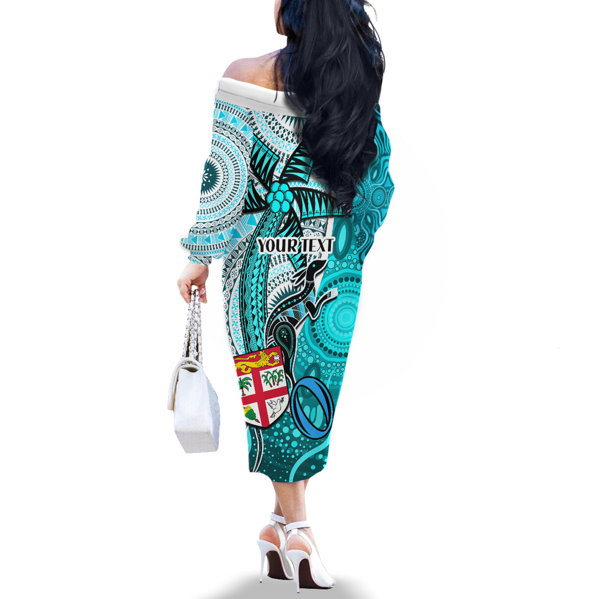 Personalised Fiji Australia Rugby Family Matching Off Shoulder Long Sleeve Dress and Hawaiian Shirt Kangaroo and Palm Tree Blue Tapa Pattern Mix Aboriginal LT03 - Polynesian Pride