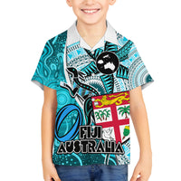 Personalised Fiji Australia Rugby Family Matching Off Shoulder Long Sleeve Dress and Hawaiian Shirt Kangaroo and Palm Tree Blue Tapa Pattern Mix Aboriginal LT03 Son's Shirt Blue - Polynesian Pride