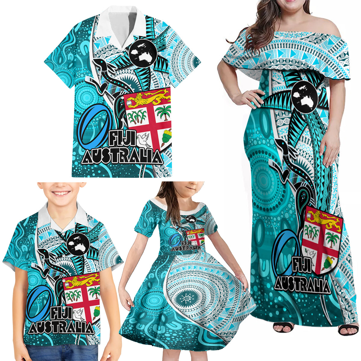 Personalised Fiji Australia Rugby Family Matching Off Shoulder Maxi Dress and Hawaiian Shirt Kangaroo and Palm Tree Blue Tapa Pattern Mix Aboriginal LT03 - Polynesian Pride