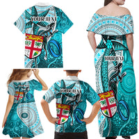 Personalised Fiji Australia Rugby Family Matching Off Shoulder Maxi Dress and Hawaiian Shirt Kangaroo and Palm Tree Blue Tapa Pattern Mix Aboriginal LT03 - Polynesian Pride