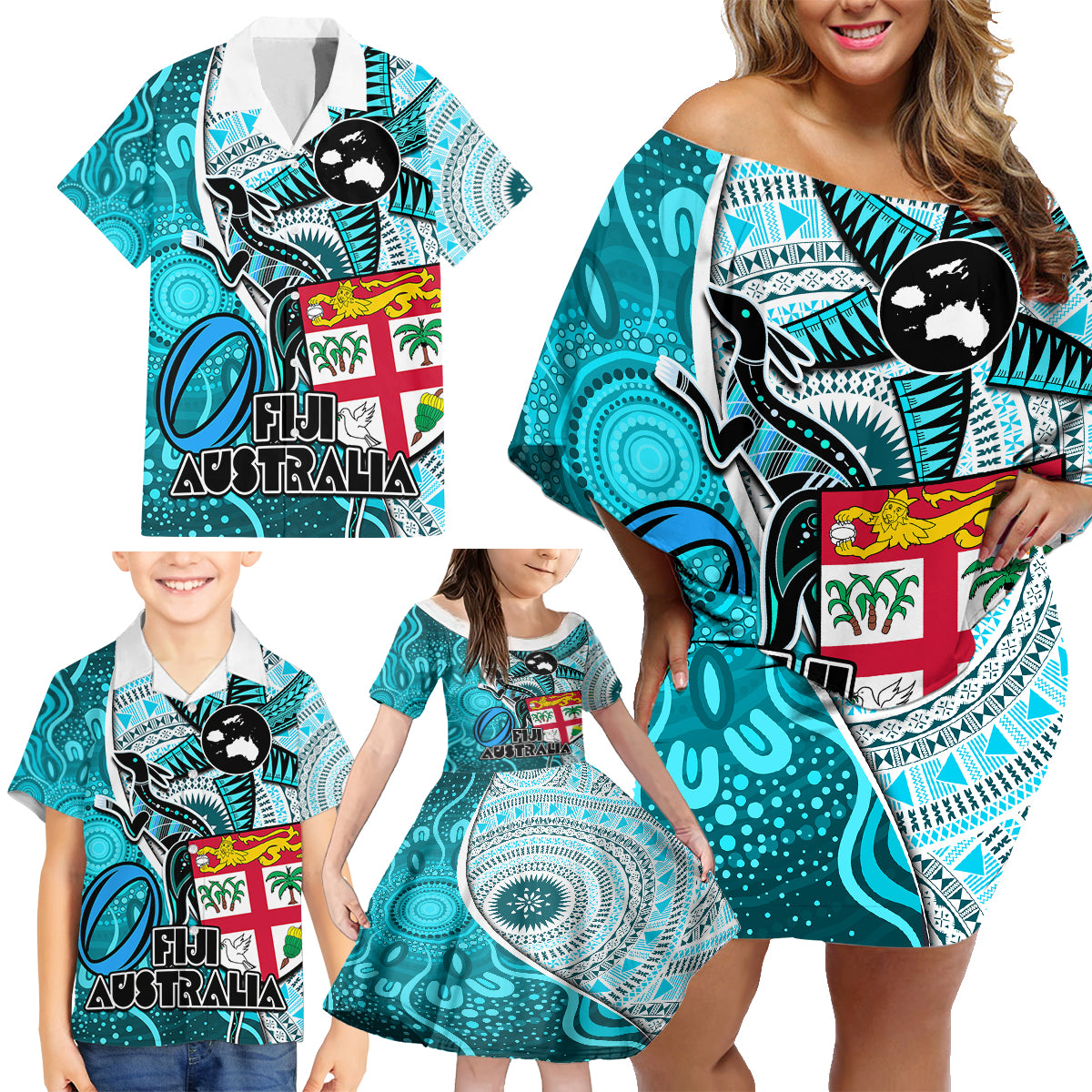 Personalised Fiji Australia Rugby Family Matching Off Shoulder Short Dress and Hawaiian Shirt Kangaroo and Palm Tree Blue Tapa Pattern Mix Aboriginal LT03 - Polynesian Pride