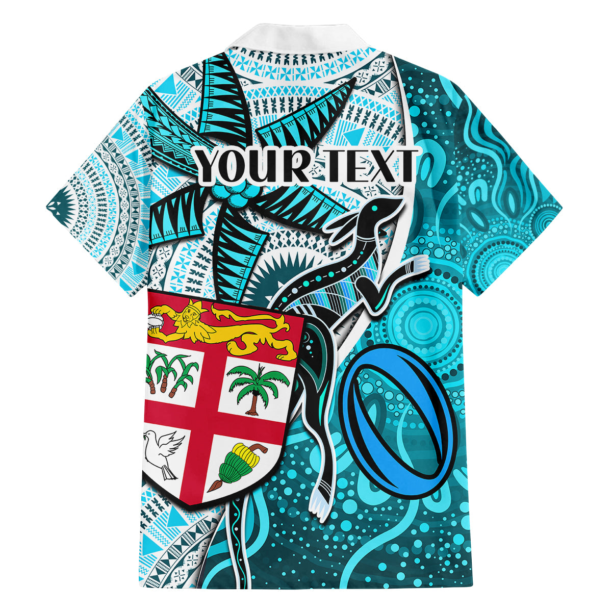 Personalised Fiji Australia Rugby Family Matching Off Shoulder Short Dress and Hawaiian Shirt Kangaroo and Palm Tree Blue Tapa Pattern Mix Aboriginal LT03 - Polynesian Pride