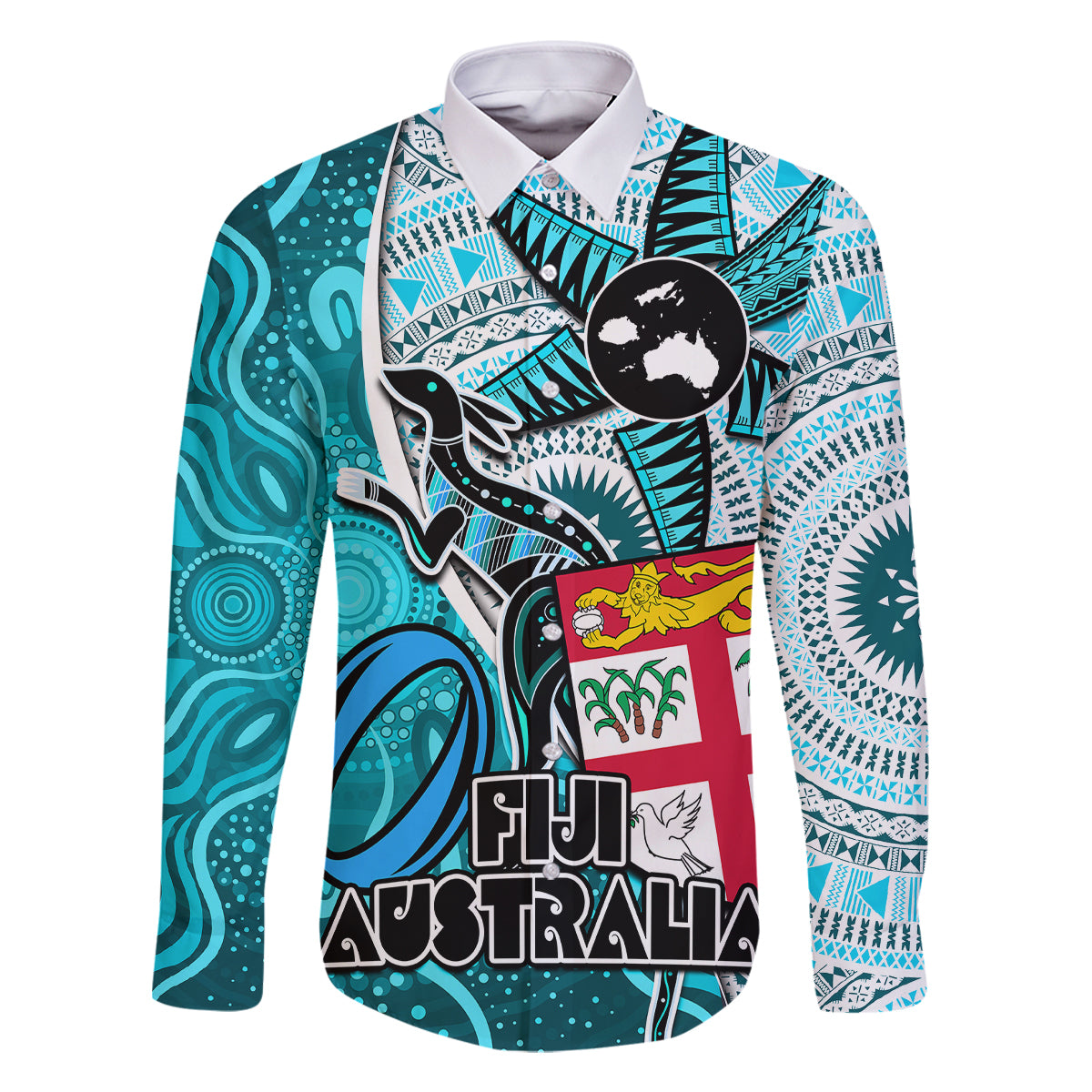 Personalised Fiji Australia Rugby Family Matching Off Shoulder Short Dress and Hawaiian Shirt Kangaroo and Palm Tree Blue Tapa Pattern Mix Aboriginal LT03 Dad's Shirt - Long Sleeve Blue - Polynesian Pride