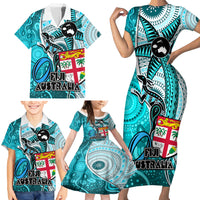 Personalised Fiji Australia Rugby Family Matching Short Sleeve Bodycon Dress and Hawaiian Shirt Kangaroo and Palm Tree Blue Tapa Pattern Mix Aboriginal LT03 - Polynesian Pride