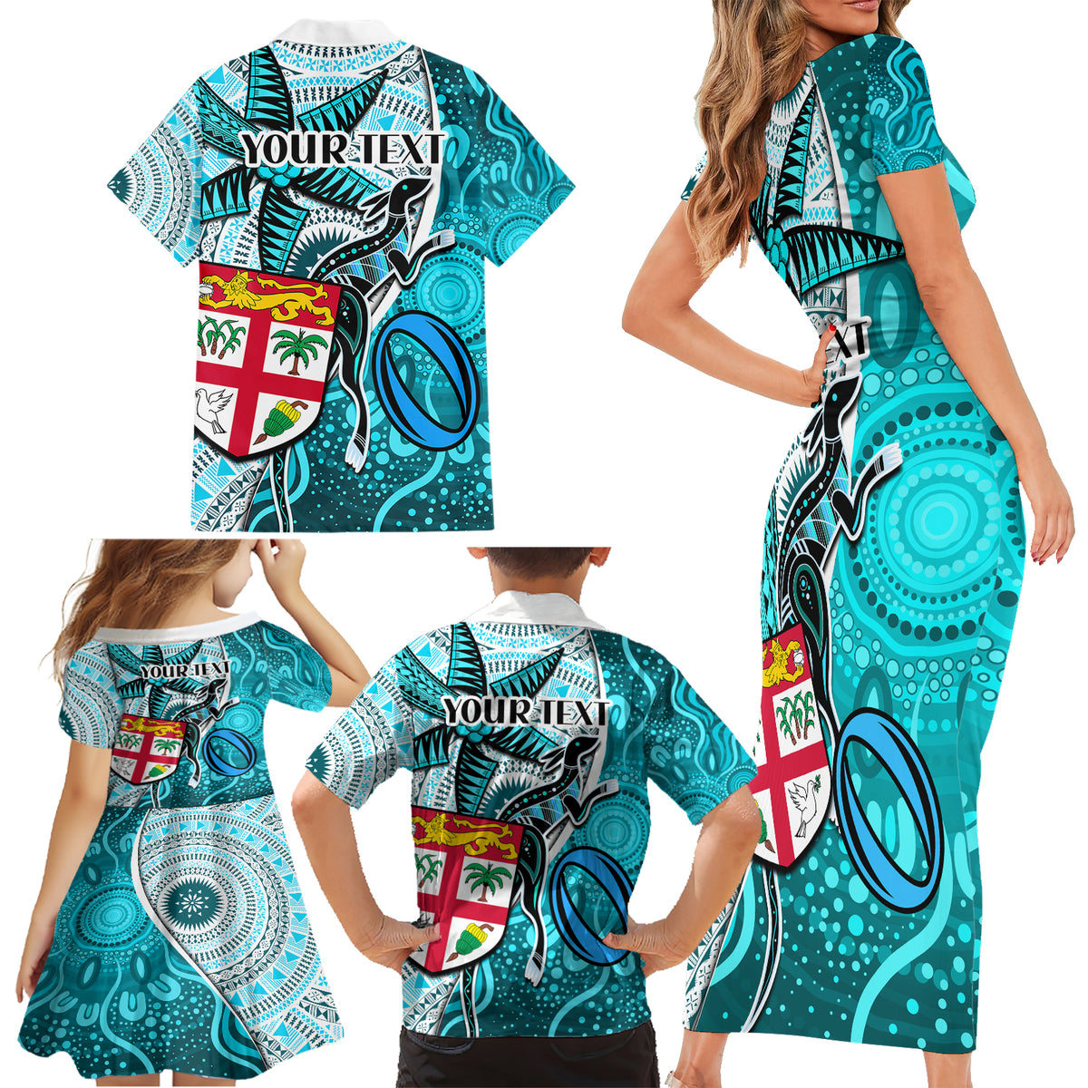 Personalised Fiji Australia Rugby Family Matching Short Sleeve Bodycon Dress and Hawaiian Shirt Kangaroo and Palm Tree Blue Tapa Pattern Mix Aboriginal LT03 - Polynesian Pride